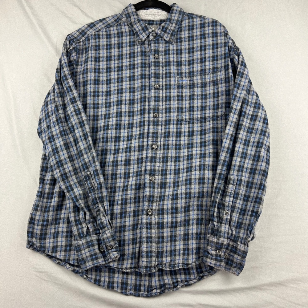 Eddie Bauer Flannel Shirt Mens XL Blue Grey Black Plaid Button Down Good